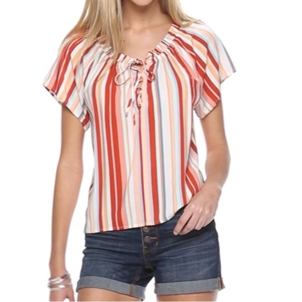 Pink Republic Juniors'  Ruched Neck Rust Ivory Blue Multi Color Strips Top Large